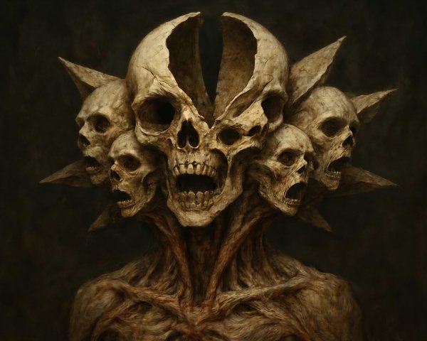 Grotesque Crown of Screaming Skulls on Skeletal Figure