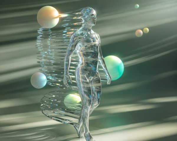 Translucent Figure in Surreal Space with Glowing Orbs