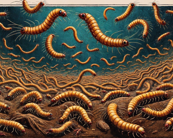 Surreal Scene with Orange and Brown Caterpillars