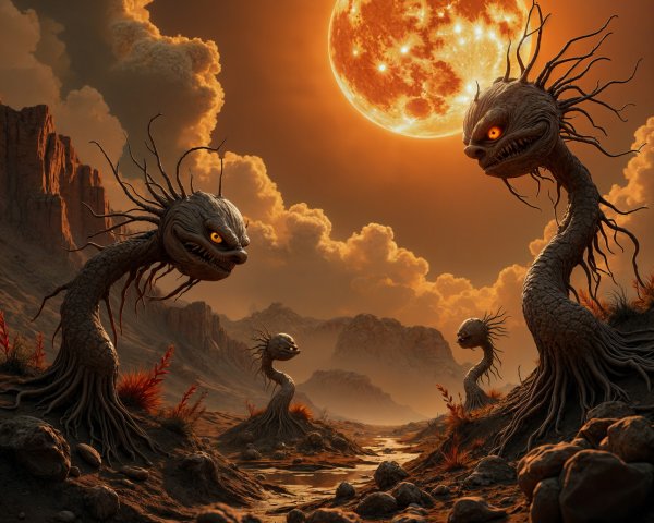 Surreal Landscape with Serpentine Creatures and Sun