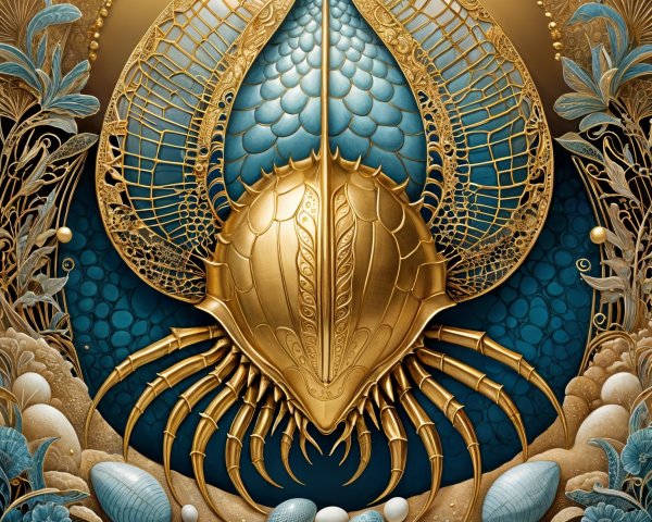 Intricate golden crab design on blue backdrop