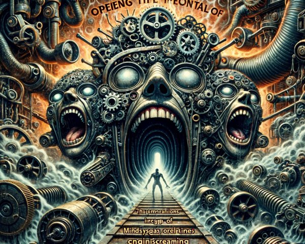 Surreal Landscape with Mechanical Elements and Faces