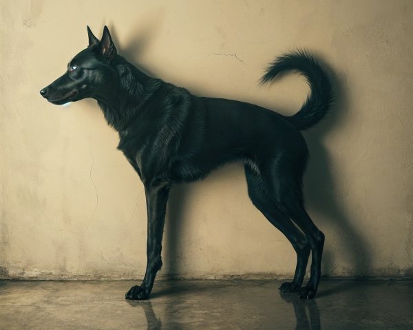 Black Dog in Profile Against Textured Beige Wall