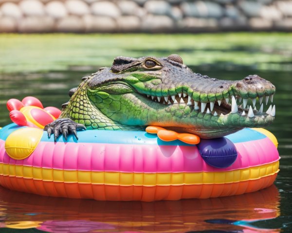 Alligator on Colorful Pool Float in Sunny Water
