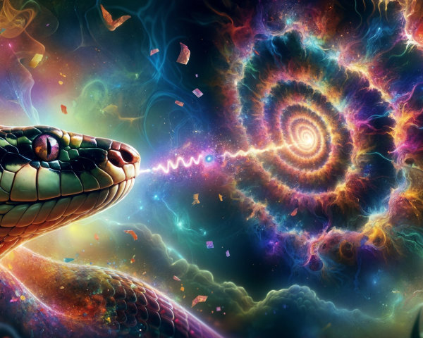 Surreal Scene of Snake and Spiral Galaxy Fusion