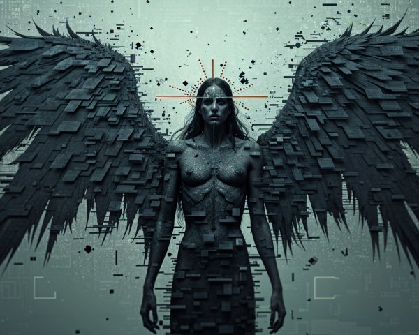 Ethereal Figure with Digital Wings and Abstract Patterns