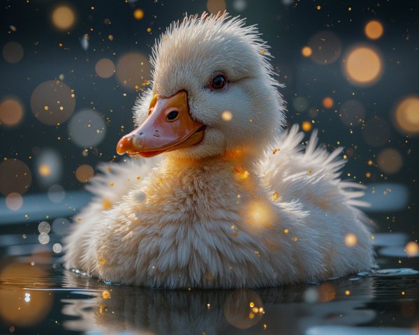 Fluffy Duckling on Shimmering Water with Bokeh Lights