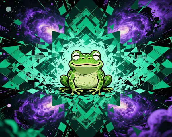 Bright Green Cartoon Frog on Geometric Kaleidoscope Background