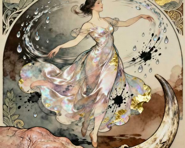 Art Nouveau Painting of Woman and Elephant with Elements