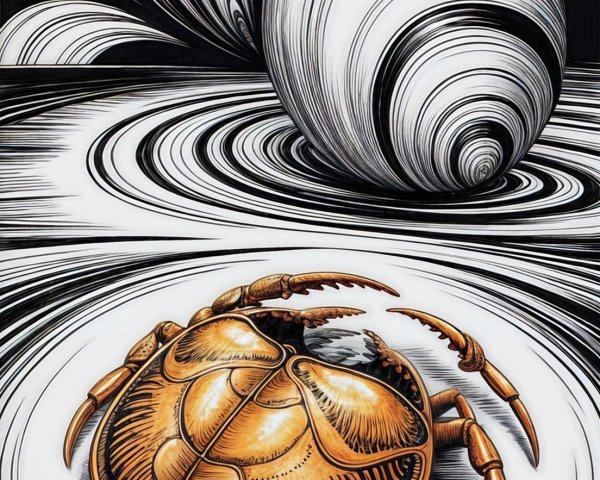 Illustration of a golden crab with abstract shell background