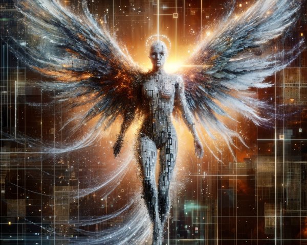 Humanoid Figure with Pixelated Skin and Wings
