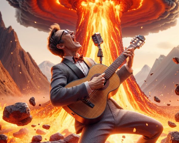 Man in Suit Plays Guitar Amid Volcanic Eruption