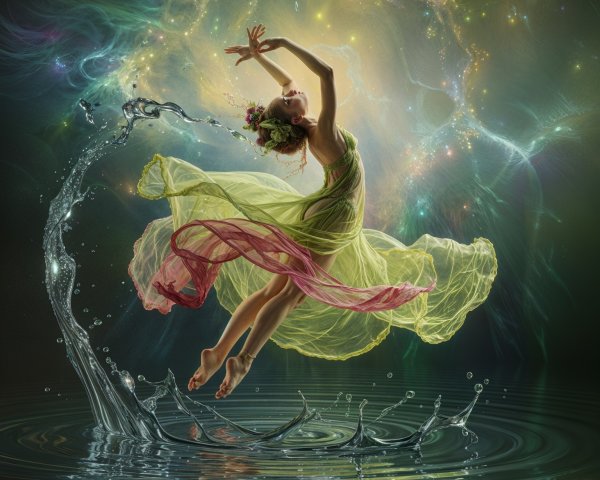 Dancer in Ethereal Dress Against Cosmic Backdrop