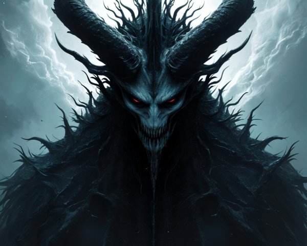 Dark Figure with Horns in Stormy Landscape