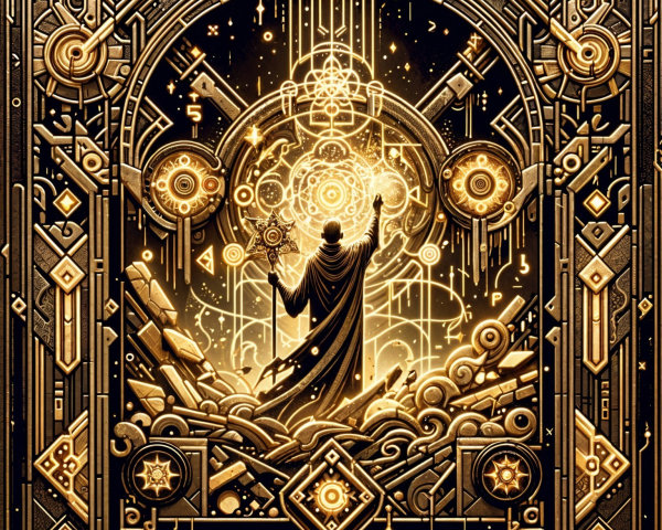 Mystical Figure Amid Swirling Stars and Geometric Patterns