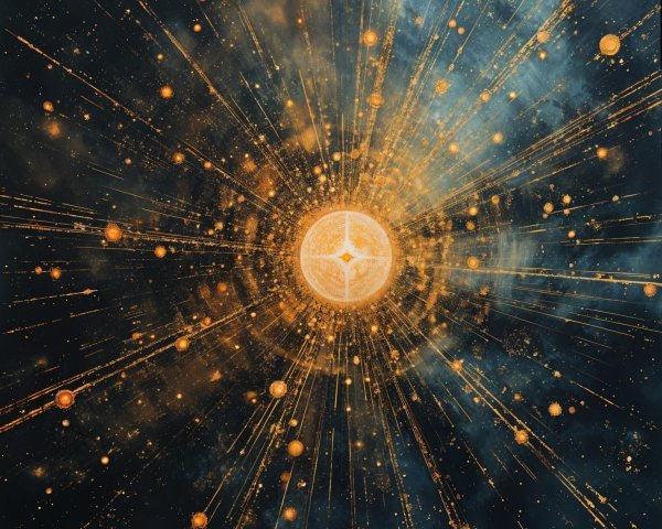 Golden Light Burst Against Cosmic Blue and Black Background