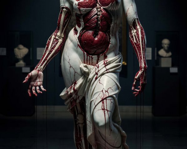 Horror-themed anatomical sculpture with exposed muscles