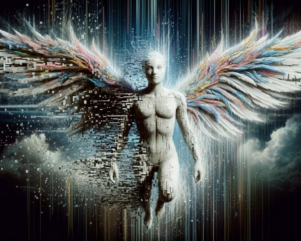 Ethereal Figure with Multicolored Digital Wings