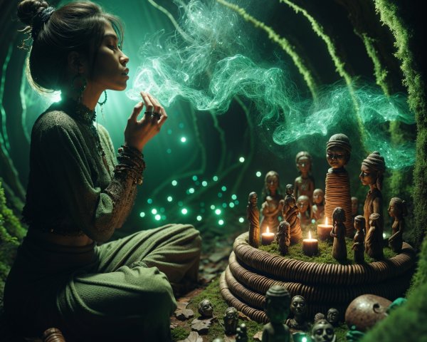 Mystical Underground Scene with Woman and Figurines