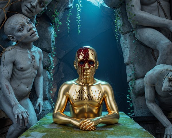 Gothic Chamber with Golden Humanoid Statue and Ivy