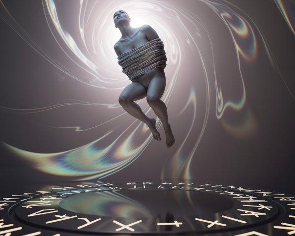 Ethereal figure suspended with glowing ropes and symbols