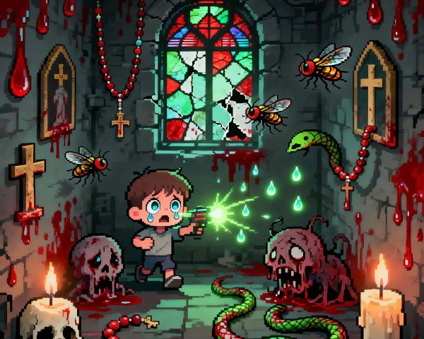Pixel Art of Boy with Ray Gun in Gothic Dungeon