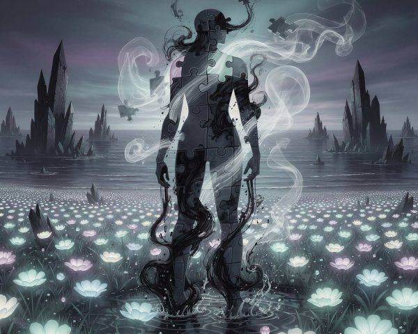 Androgynous Figure in Field of Glowing Flowers