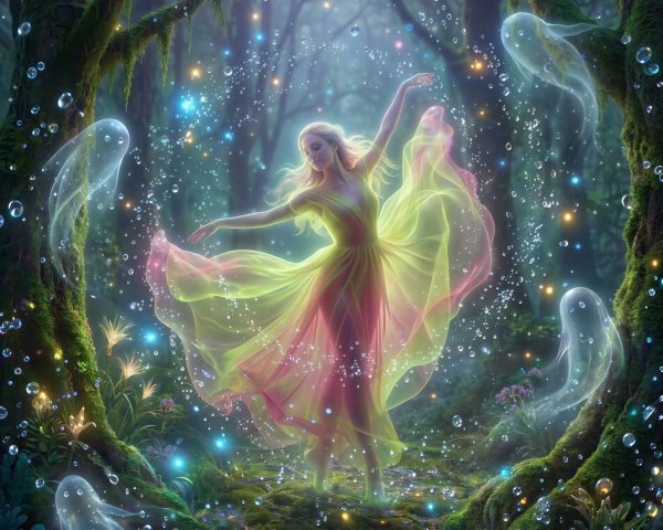 Blonde Woman in Diaphanous Gown Dancing in Enchanted Forest
