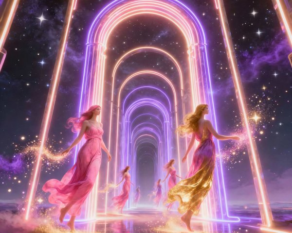 Women in Pink and Gold Dresses on Reflective Surface