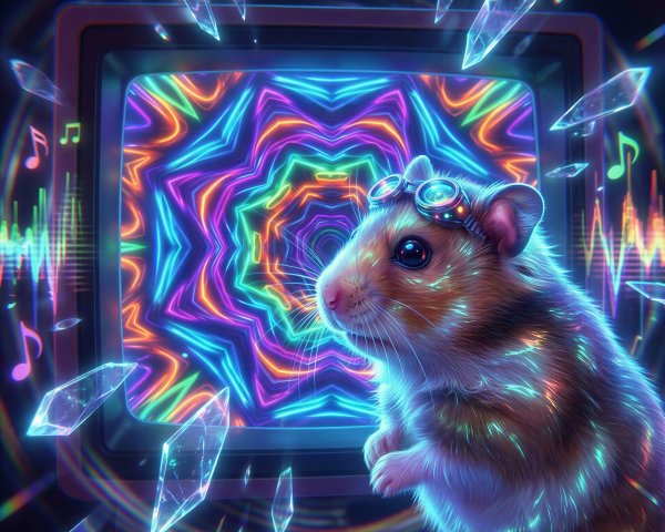 Fluffy Hamster with Goggles and Neon TV Background