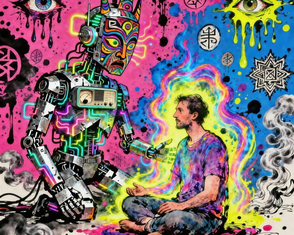 Psychedelic Avant-Garde Illustration of Chrome Robot and Man