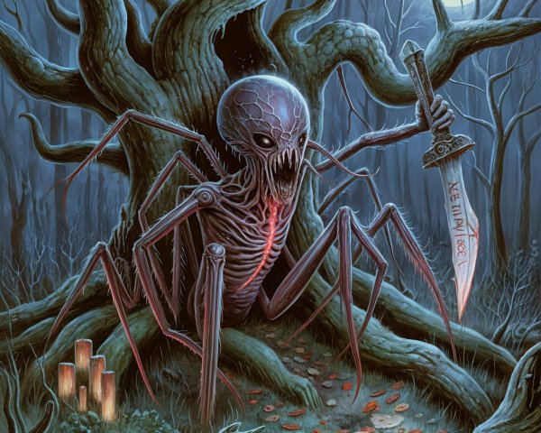 Skeletal Creature in Eerie Forest with Dagger and Coins