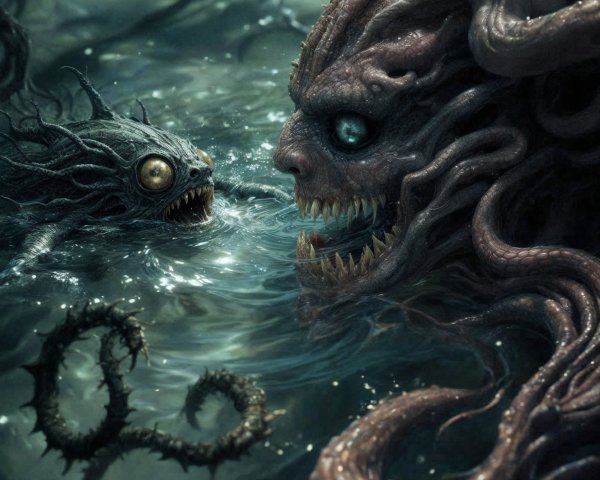 Eerie Underwater Scene with Monstrous Creatures