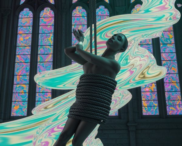 Suspended Figure in Gothic Cathedral with Stained Glass