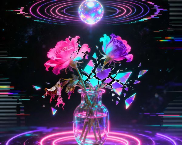 Neon Futuristic Still Life with Roses and Glass Vase