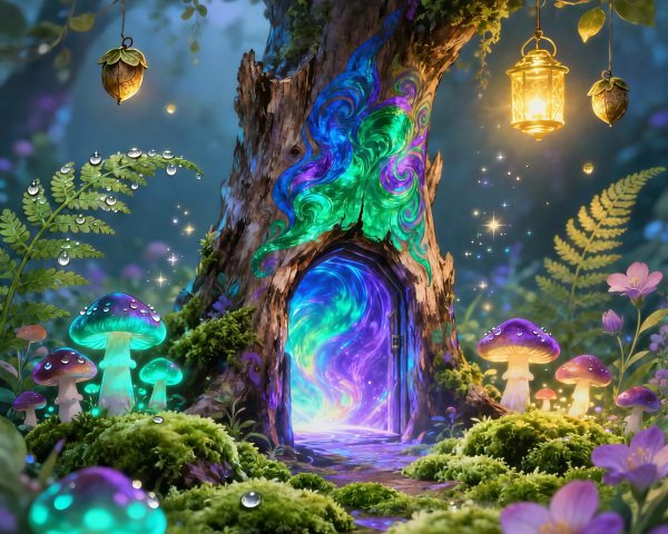 Fantasy Forest with Magical Tree and Glowing Portal