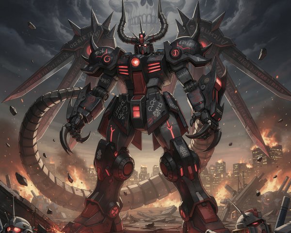 Demonic Gundam Overlooks Ruined Cityscape with Skulls