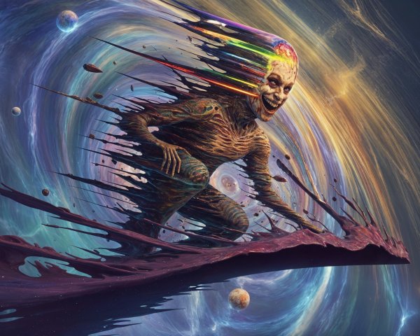 Surreal Figure Racing Through Cosmic Vortex with Colors