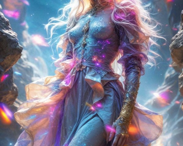 Mystical Cavern with Ethereal Light and Celestial Figure