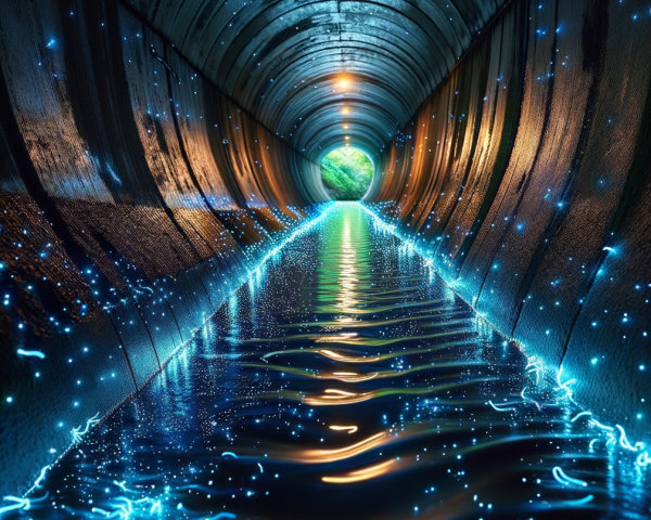 Dimly Lit Tunnel with Metallic Walls and Water Flow