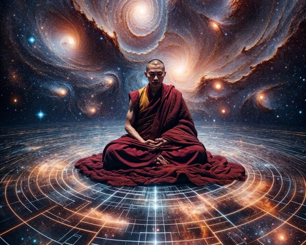 Monk Meditating on Illuminated Grid in Cosmic Space