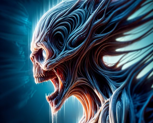 Surreal Figure with Sinewy Tendrils and Skeletal Face