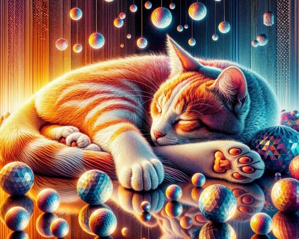 Sleeping Orange Tabby Cat Among Colorful Spheres