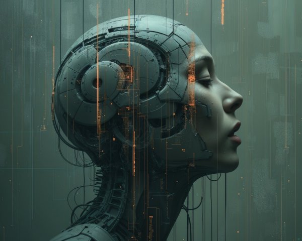 Futuristic Cybernetic Head with Human-Machine Fusion
