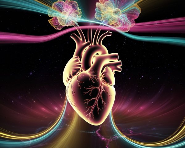 Vibrant Heart with Ethereal Flowers in Starry Background