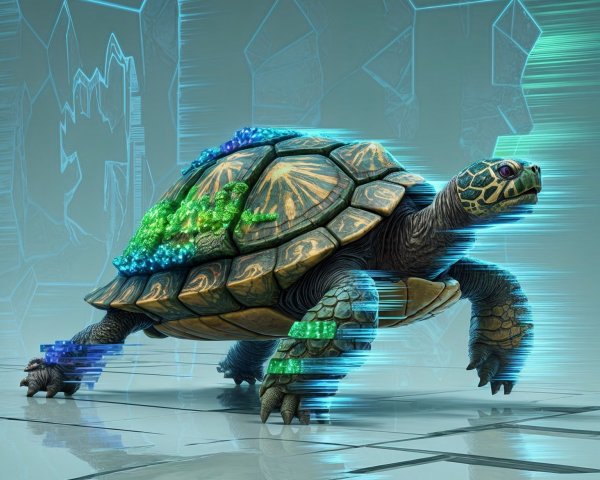 Futuristic turtle with gem-encrusted shell in glowing setting