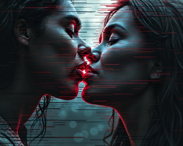 Intimate moment between two individuals with glitch effect