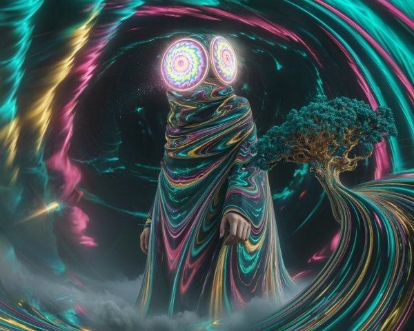 Cloaked Figure in Cosmic Landscape with Surreal Elements