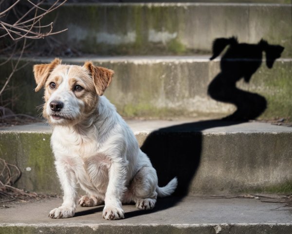 Small dog on stone steps in sunlight and greenery