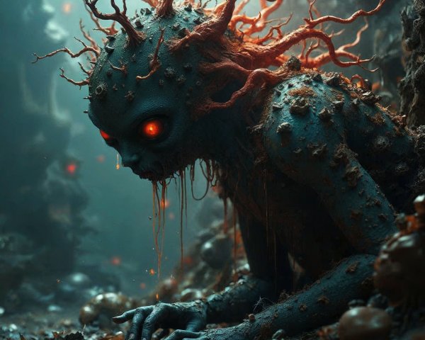Mossy-skinned creature with glowing eyes in shadows